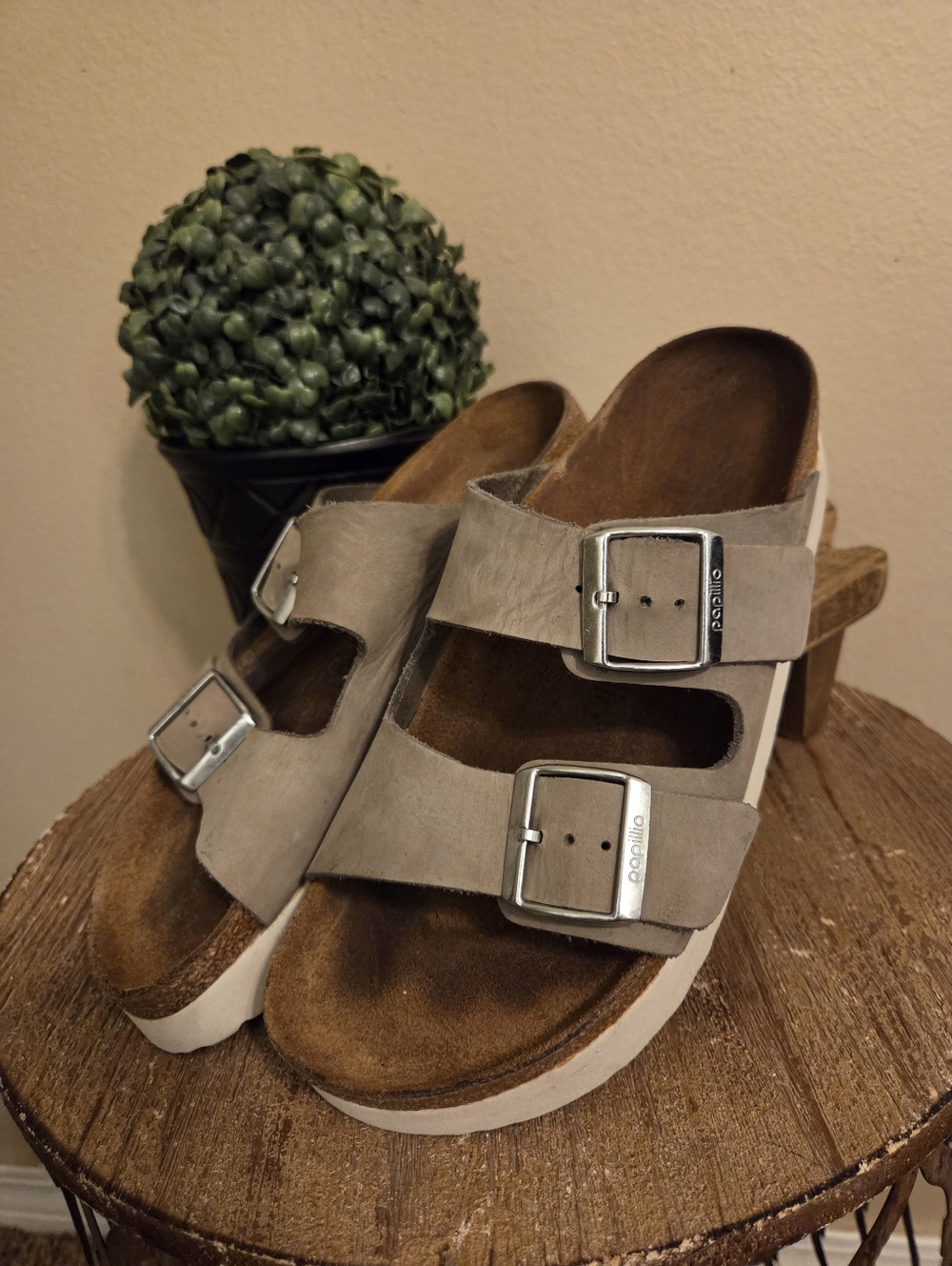 PAPILLIO By‎ BIRKENSTOCK Arizona Grey/Green Leather Two Strap Platform Sandal 40